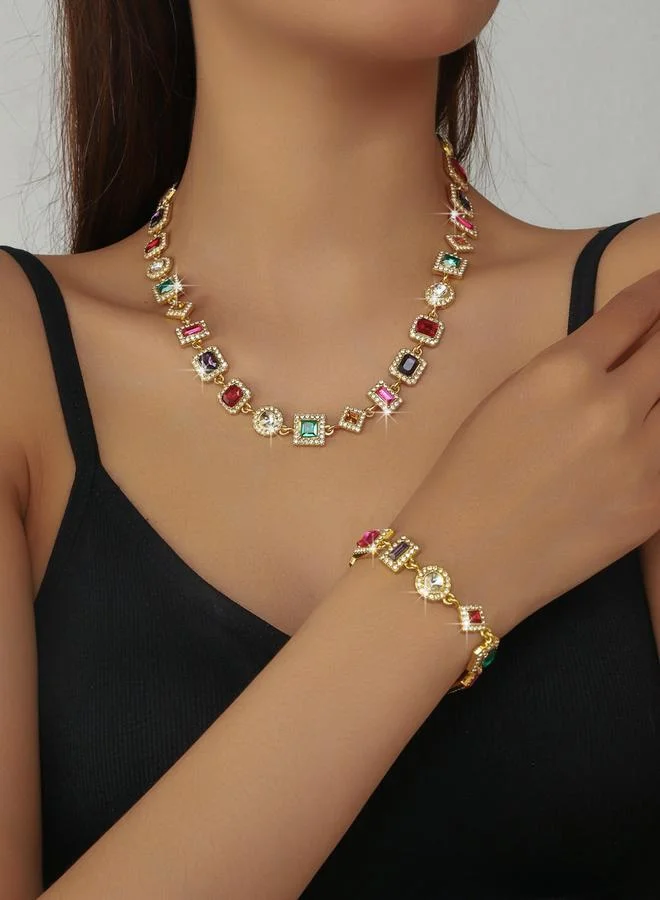 Take Two 2-Piece Colorful Rhinestone Detail Necklace With Bracelet Jewelry Set